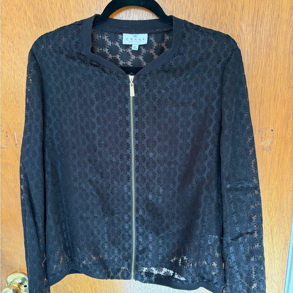 Chaus Black Sheer Floral Zip Jacket Blouse XL (Fits Like L)